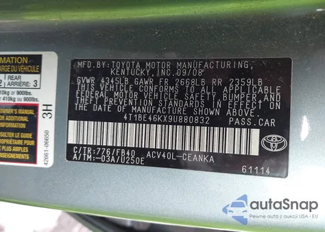 2009 Toyota Camry Le из США, поврежденный, VIN 4T1BE46KX9U880832